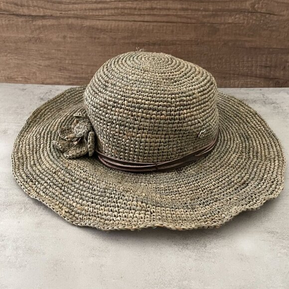 NWT Revolve Florabella Woven Wide Brim Sunhat Taupe Floral Trim Adjustable OS - Picture 1 of 7